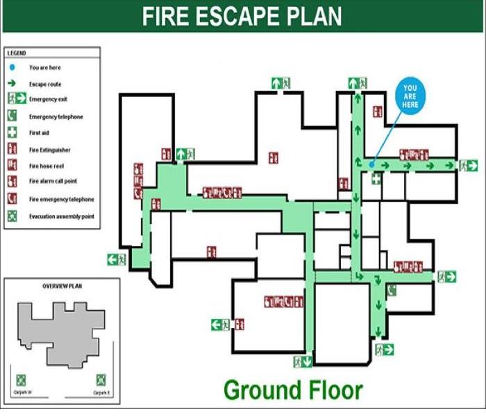 A building map with guidelines for fire escape